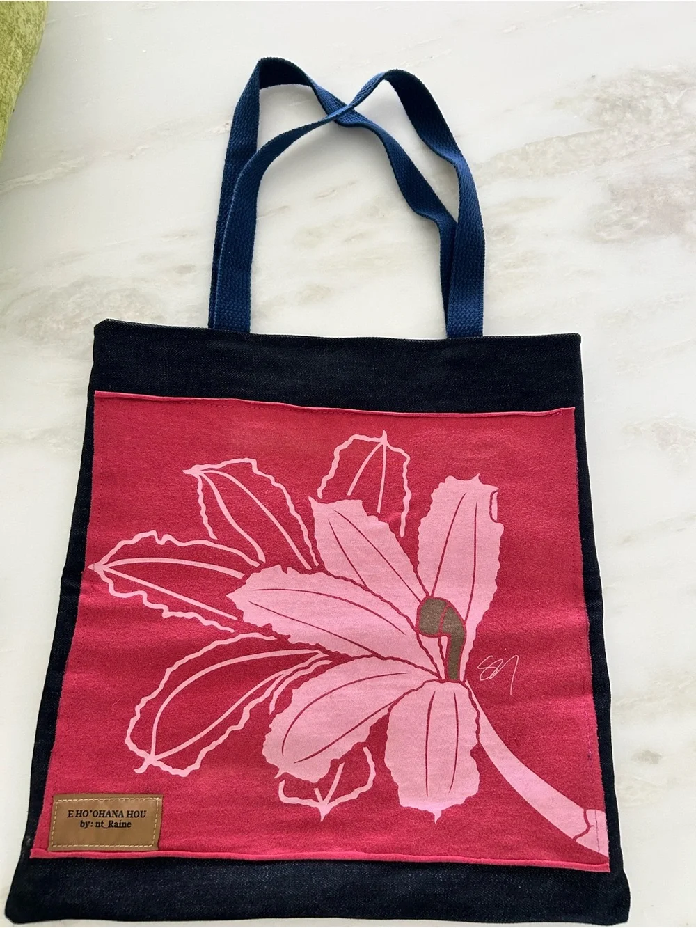 Canvas Tote Bag with Red Patch and Navy Straps
